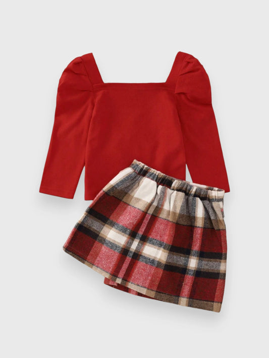 Girls Square Neck Gigot Sleeve Top with Plaid Skirt