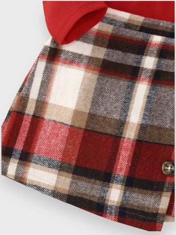 Girls Square Neck Gigot Sleeve Top with Plaid Skirt