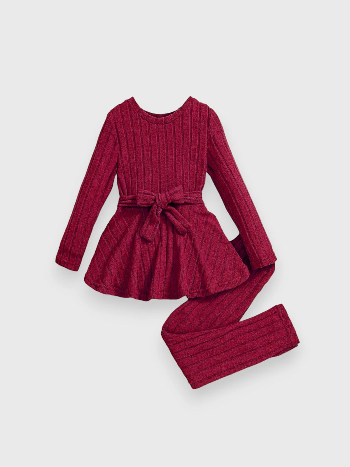 Burgundy toddler girls' long-sleeve peplum top with waist bow and matching pants.