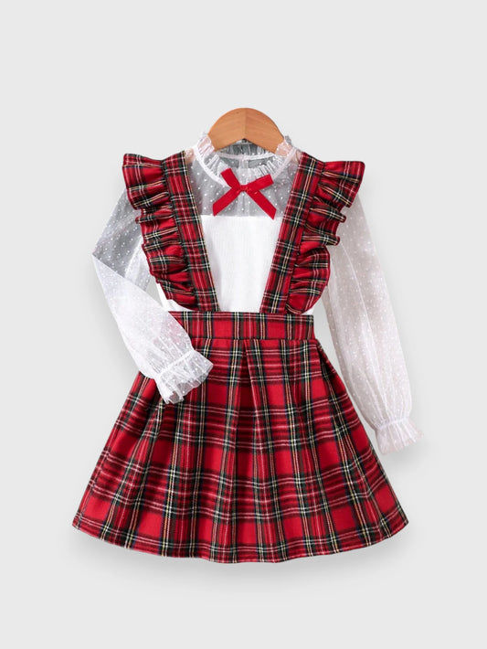 2 Pc Girls Sheer Shirt with Suspender Skirt