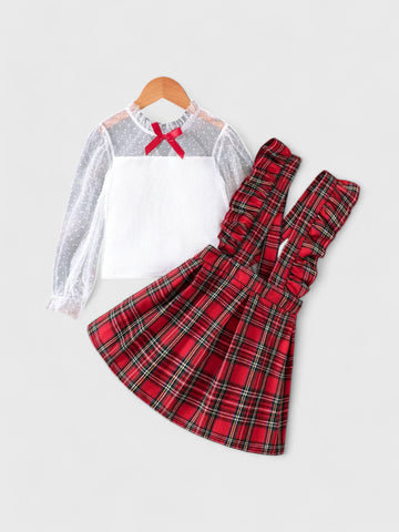 2 Pc Girls Sheer Shirt with Suspender Skirt