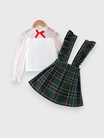 2 Pc Girls Sheer Shirt with Suspender Skirt