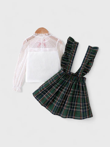 2 Pc Girls Sheer Shirt with Suspender Skirt