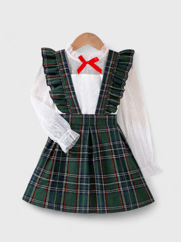 2 Pc Girls Sheer Shirt with Suspender Skirt