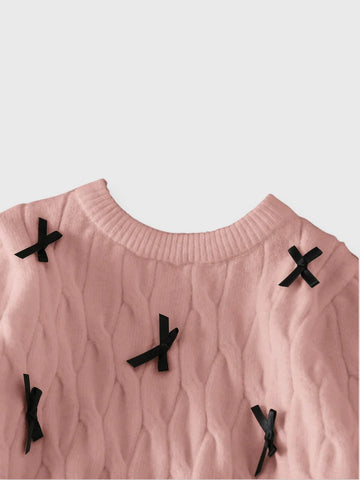 Girls Cable Knit Sweater with Mini Bows