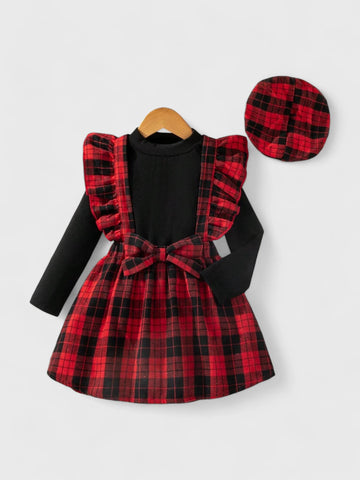 3 Pc Plaid Suspender Skirt with Beret