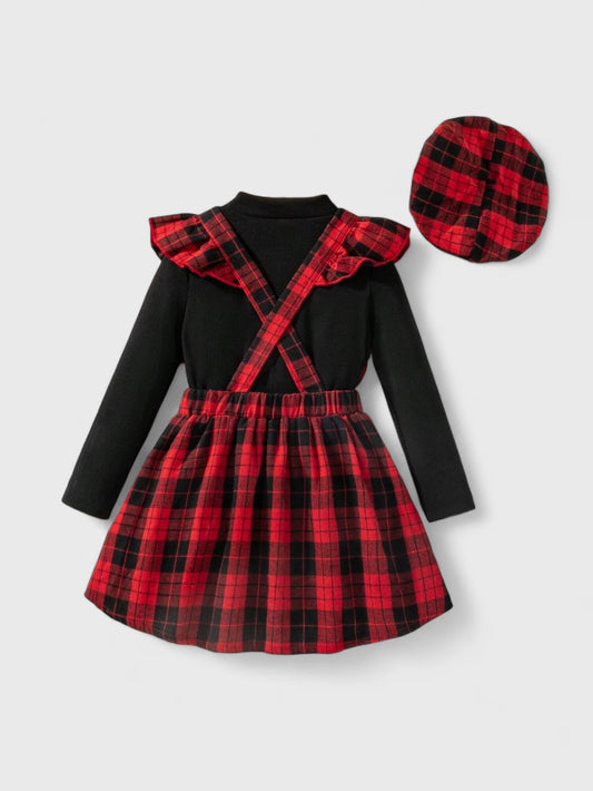 3 Pc Plaid Suspender Skirt with Beret