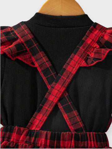 3 Pc Plaid Suspender Skirt with Beret