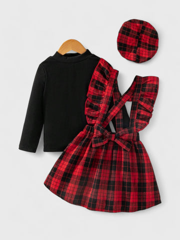 3 Pc Plaid Suspender Skirt with Beret