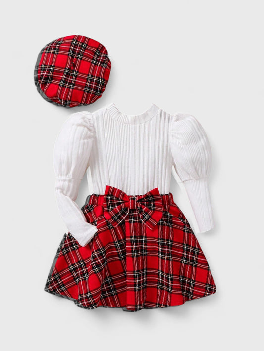 3 Pc Girl Puff Sleeve Plaid Print Skirt Set