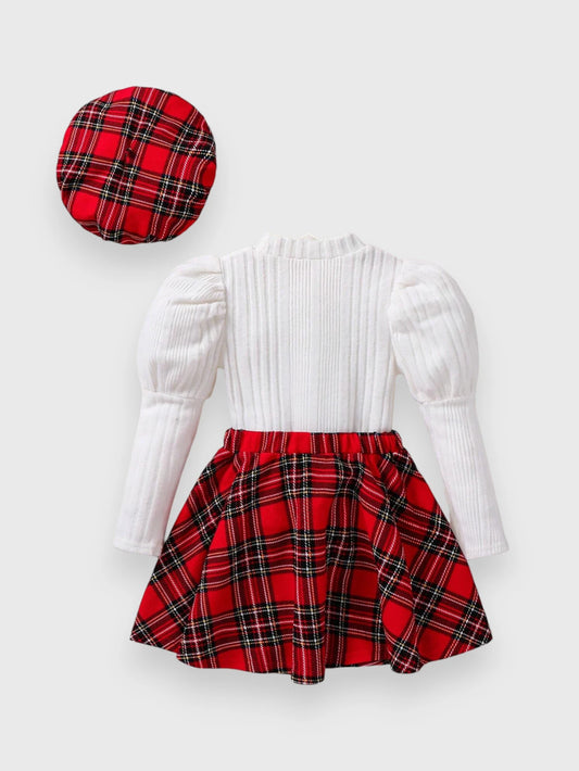 3 Pc Girl Puff Sleeve Plaid Print Skirt Set