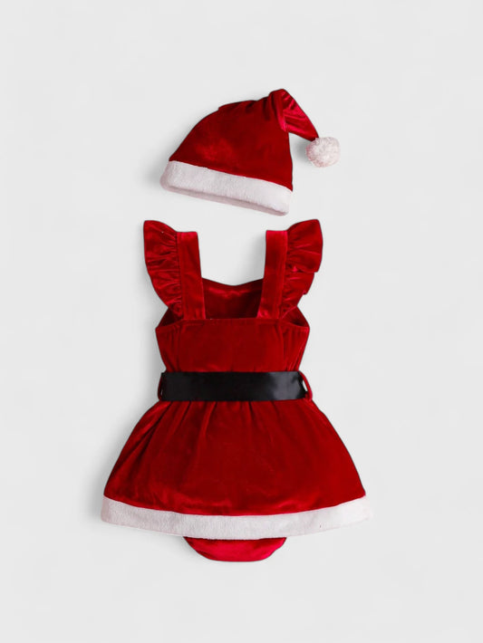 2 Pc Baby Girl Velvet Santa Bodysuit Dress with Hat