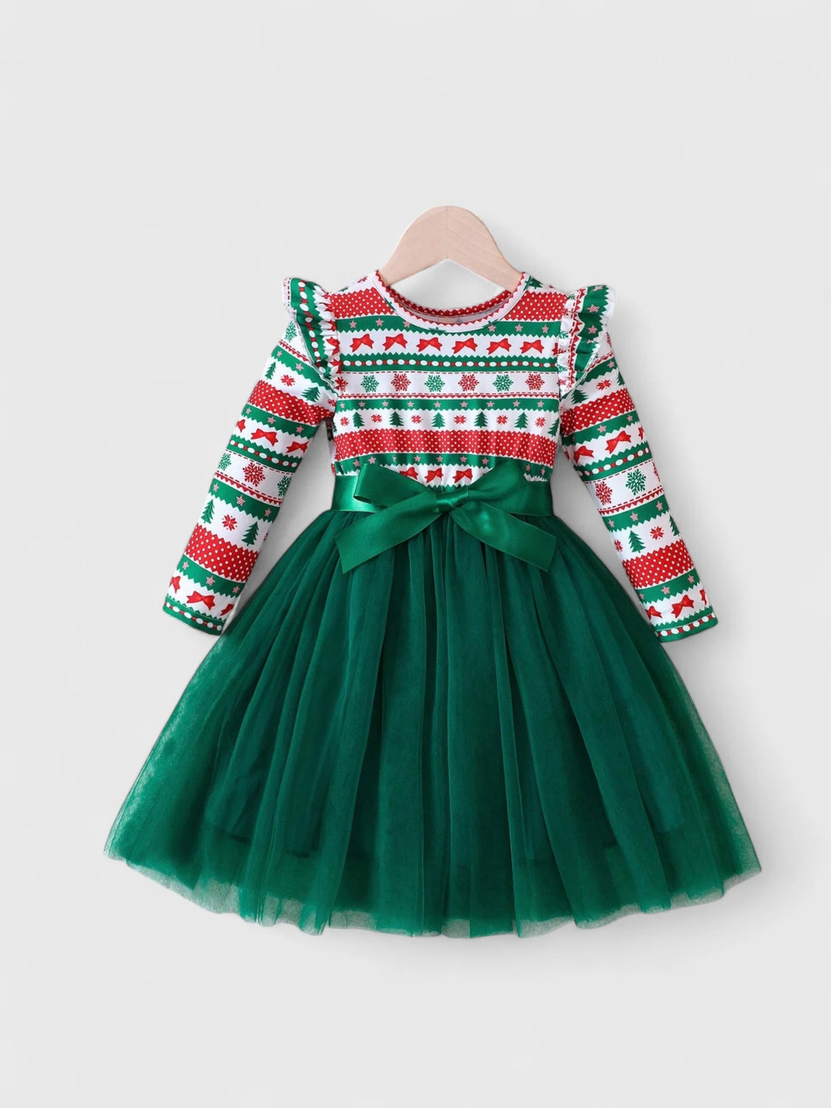 Little Girls Christmas Bow Print Mesh Dress