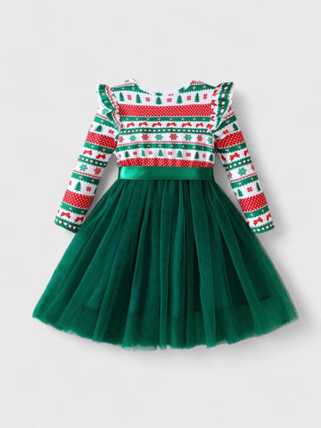 Little Girls Christmas Bow Print Mesh Dress