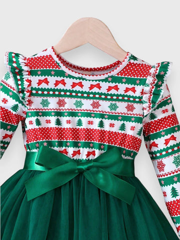 Little Girls Christmas Bow Print Mesh Dress