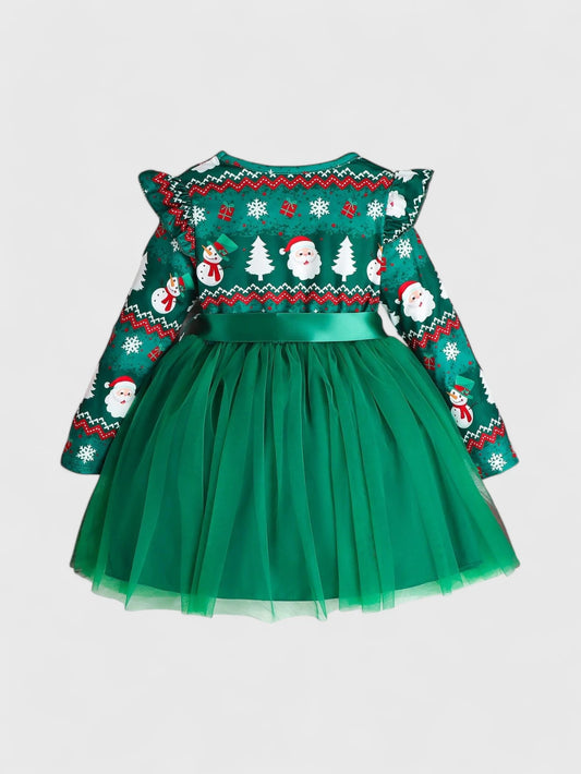 Little Girls Santa Festive Print Mesh Dress