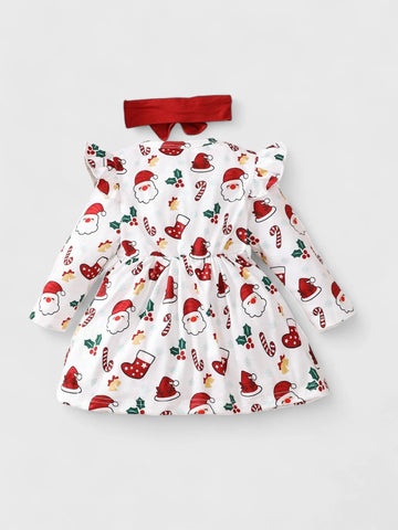 2 Pc Baby Girl Holiday Print Dress w/Headband