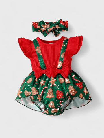 2 in 1 Baby Girl Gingerbread Print Bodysuit with Headband