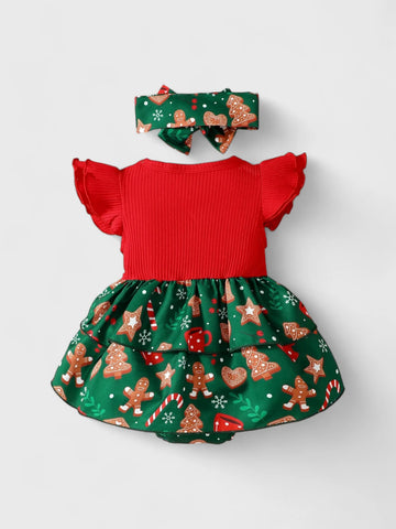 2 in 1 Baby Girl Gingerbread Print Bodysuit with Headband