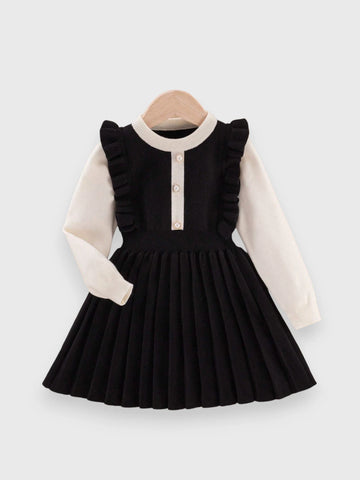 Girl Two-Tone Ruffle Trim Knit Dress