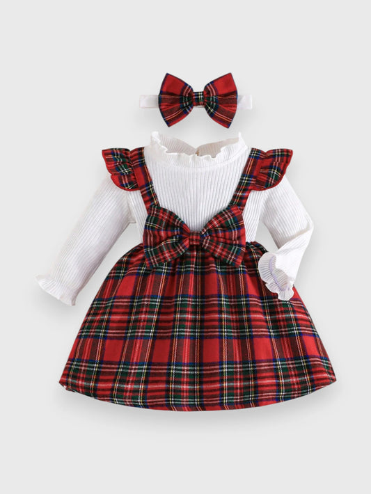 2 in 1 Baby Girl Plaid Faux Suspenders Dress with Headband