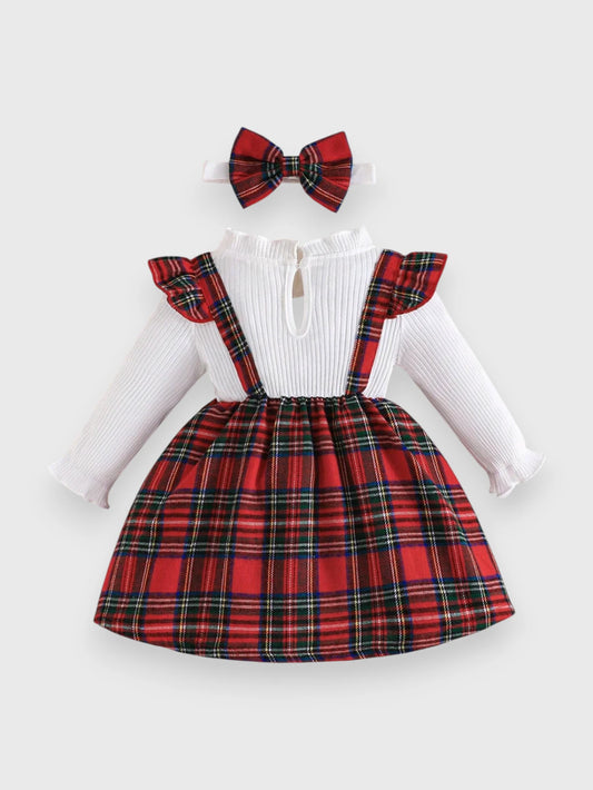 2 in 1 Baby Girl Plaid Faux Suspenders Dress with Headband