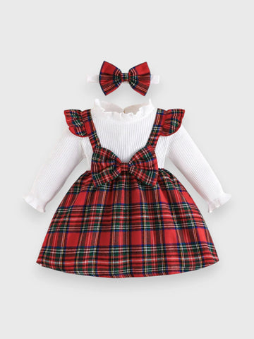 2 in 1 Baby Girl Plaid Faux Suspenders Dress with Headband