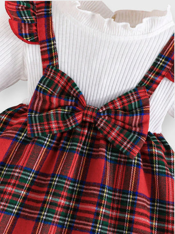 2 in 1 Baby Girl Plaid Faux Suspenders Dress with Headband