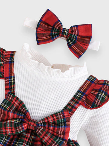 2 in 1 Baby Girl Plaid Faux Suspenders Dress with Headband