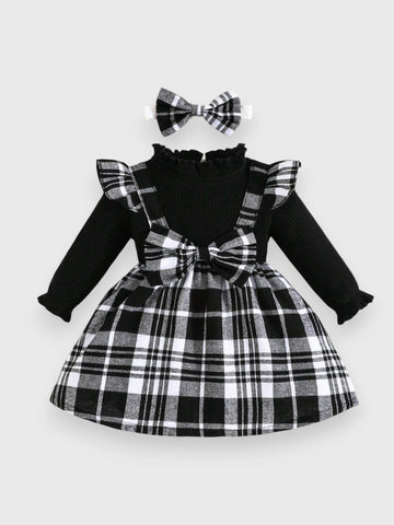 2 in 1 Baby Girl Plaid Faux Suspenders Dress with Headband