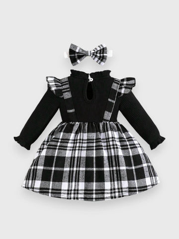 2 in 1 Baby Girl Plaid Faux Suspenders Dress with Headband