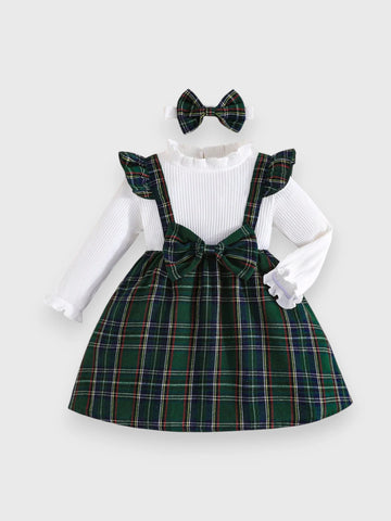 2 in 1 Baby Girl Plaid Faux Suspenders Dress with Headband