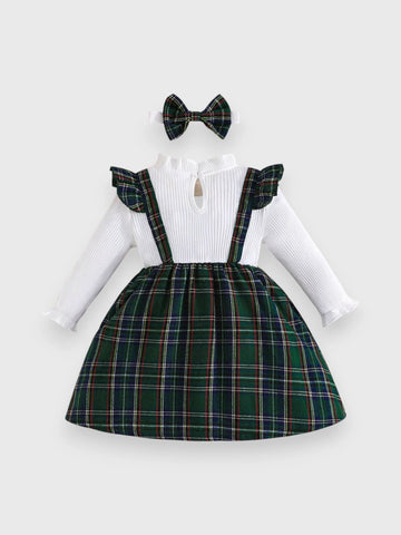 2 in 1 Baby Girl Plaid Faux Suspenders Dress with Headband