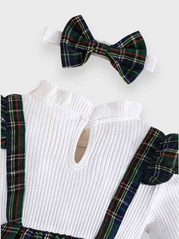 2 in 1 Baby Girl Plaid Faux Suspenders Dress with Headband