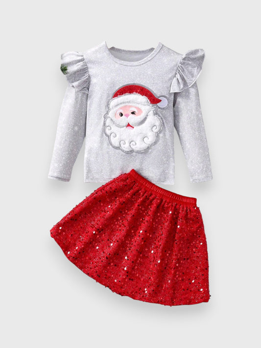 2 Pc Girl Sparkle Print Santa Claus Shirt Sequin Skirt