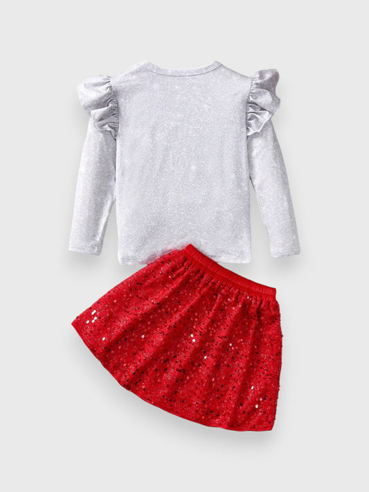 2 Pc Girl Sparkle Print Santa Claus Shirt Sequin Skirt