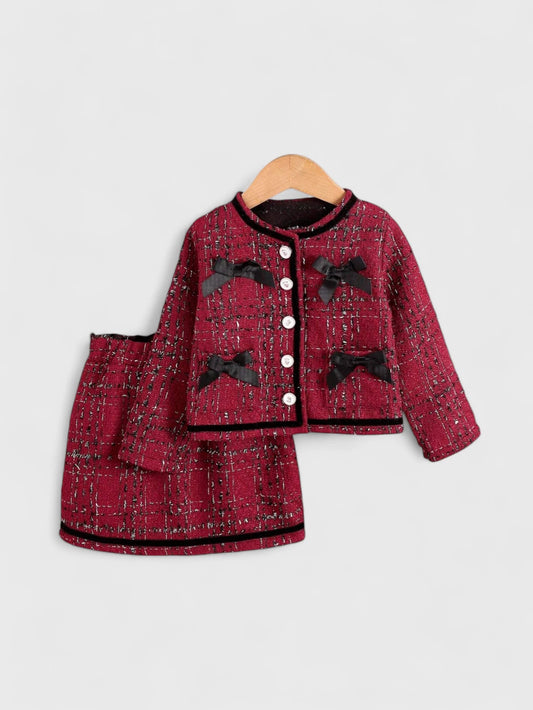 2 Pcs Toddler Girl Tweed Button up Jacket and Skirt