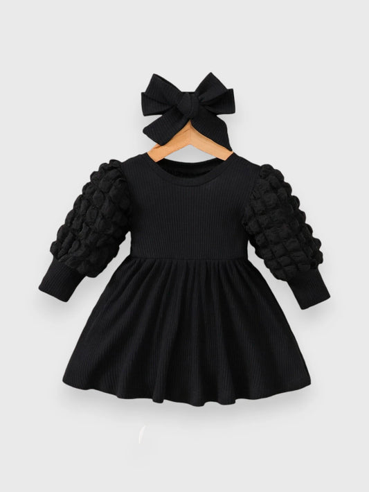 2 Pc Baby Girl Textured Puff Sleeve Dress