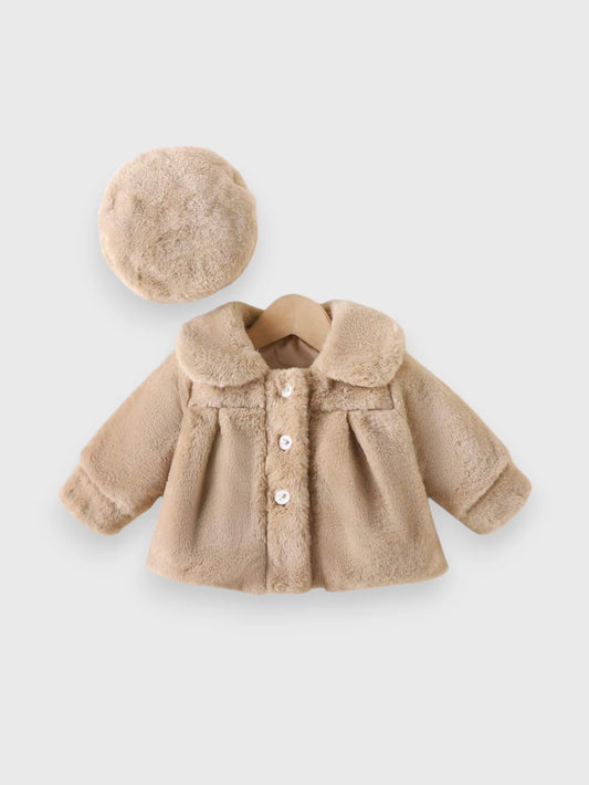 Baby Girl Light Faux Fur Coat with Beret