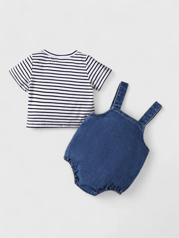 2 Pc Baby Boy Stripe Tee & Denim Overalls