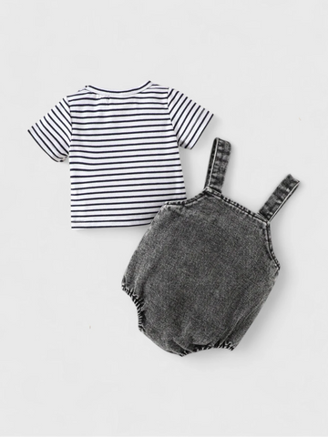 2 Pc Baby Boy Stripe Tee & Denim Overalls