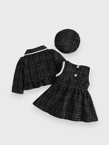 3 Pcs Baby Girl Tweed Coat, Dress and Beret Set