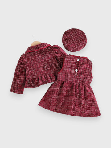 3 Pcs Baby Girl Tweed Coat, Dress and Beret Set