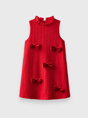 Girl Red Bow Dress with Ruffle Collar