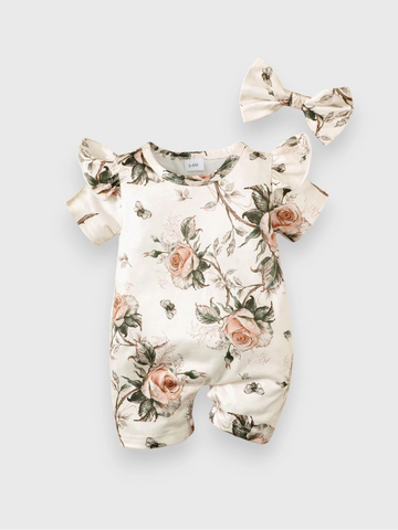 2 Pcs Baby Girl Vintage Rose Print Romper