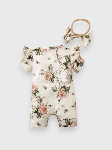 2 Pcs Baby Girl Vintage Rose Print Romper