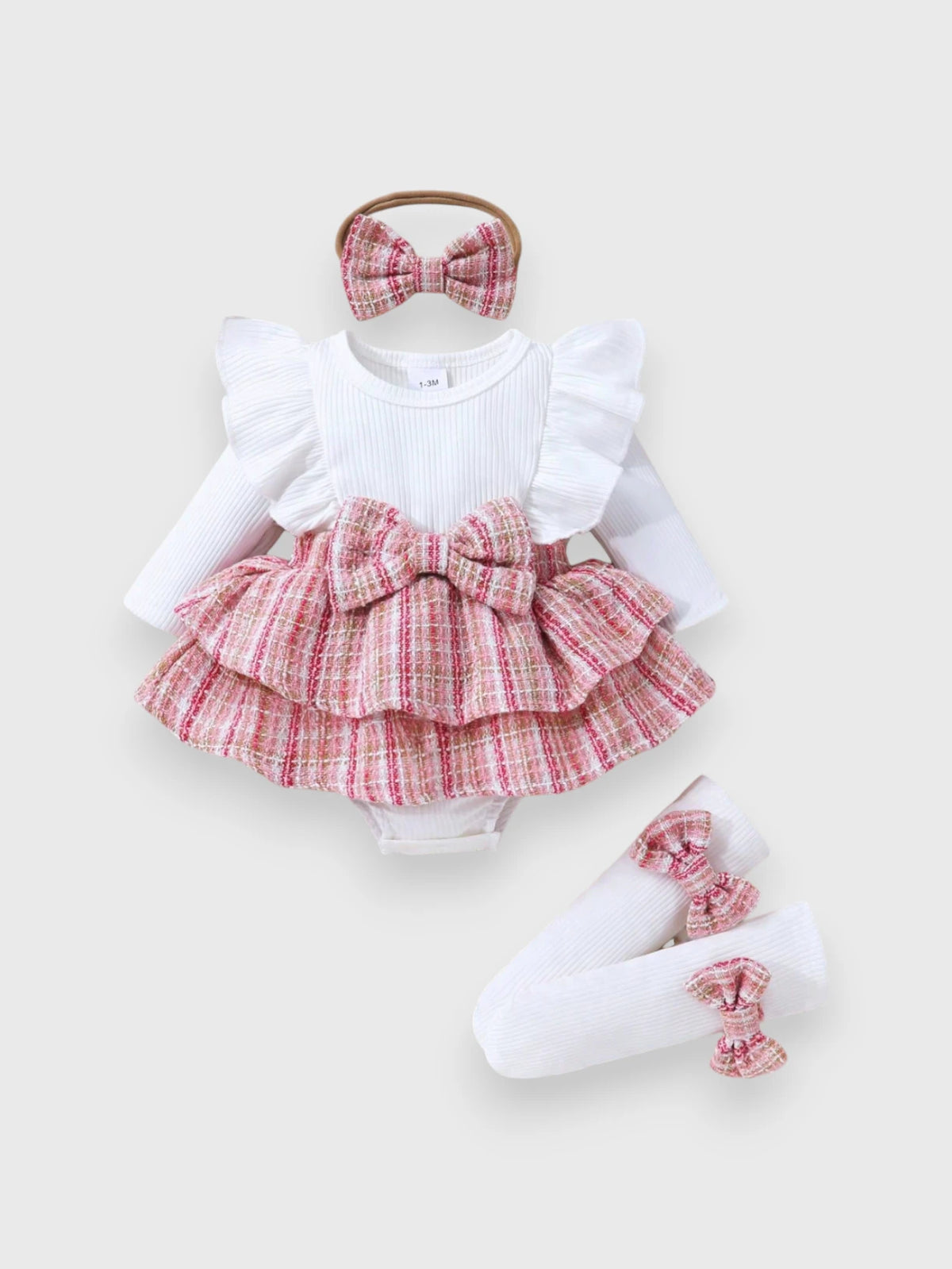 3 Pcs Baby Girl Tweed Bow Bodysuit Set