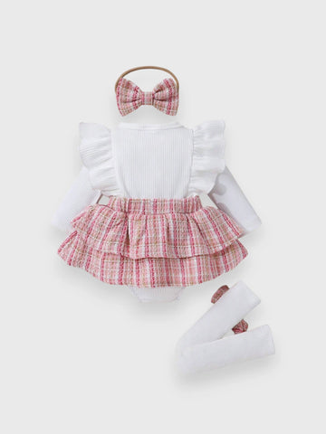 3 Pcs Baby Girl Tweed Bow Bodysuit Set