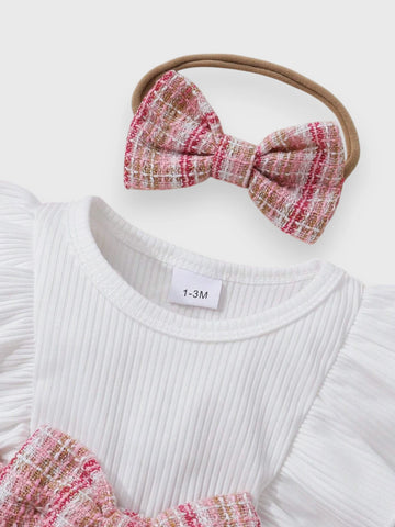 3 Pcs Baby Girl Tweed Bow Bodysuit Set