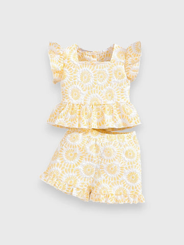 2 Pc Baby Girl Square Neck Flower Brocade Set